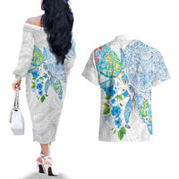 Hawaiian Couple Turtles Honi Couples Matching Off The Shoulder Long Sleeve Dress and Hawaiian Shirt Polynesian Art Motifs and Hibiscus White Blue Color - Polynesian Pride