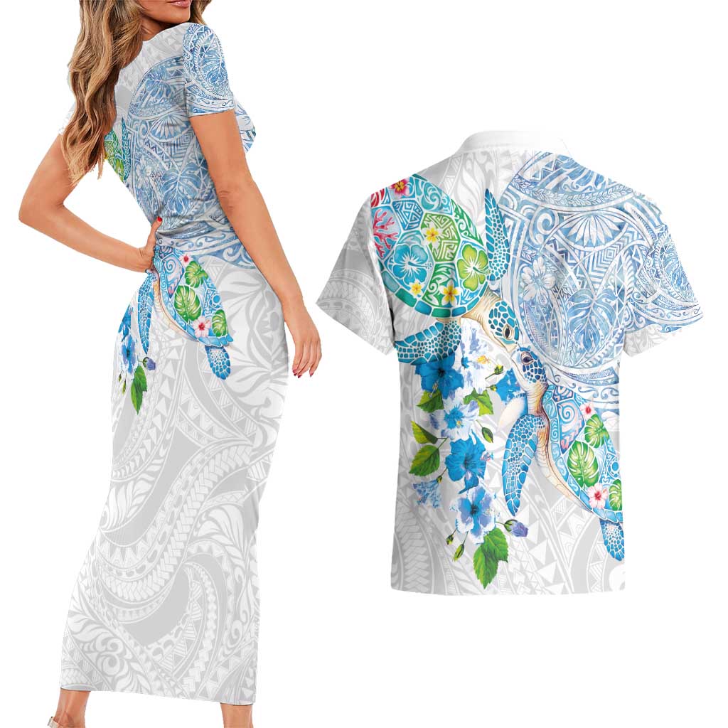 Hawaiian Couple Turtles Honi Couples Matching Short Sleeve Bodycon Dress and Hawaiian Shirt Polynesian Art Motifs and Hibiscus White Blue Color - Polynesian Pride