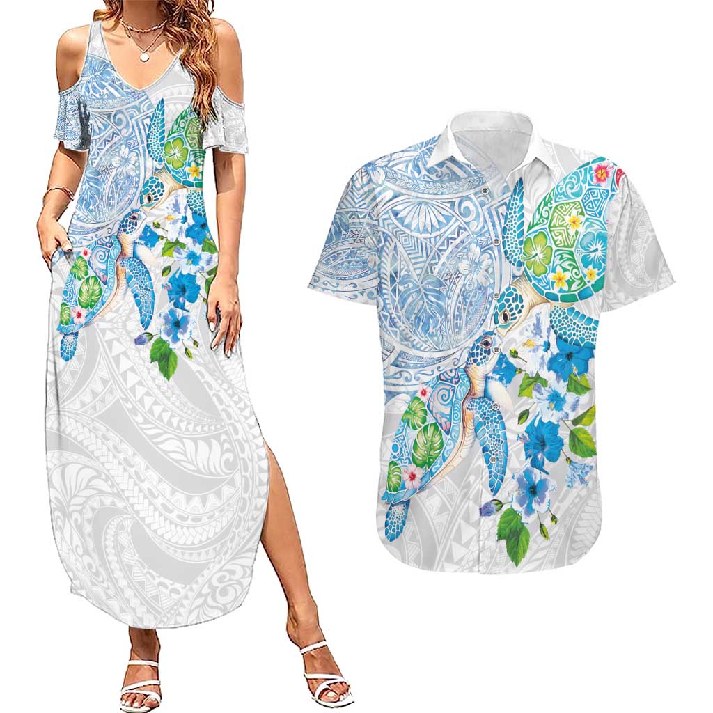 Hawaiian Couple Turtles Honi Couples Matching Summer Maxi Dress and Hawaiian Shirt Polynesian Art Motifs and Hibiscus White Blue Color - Polynesian Pride