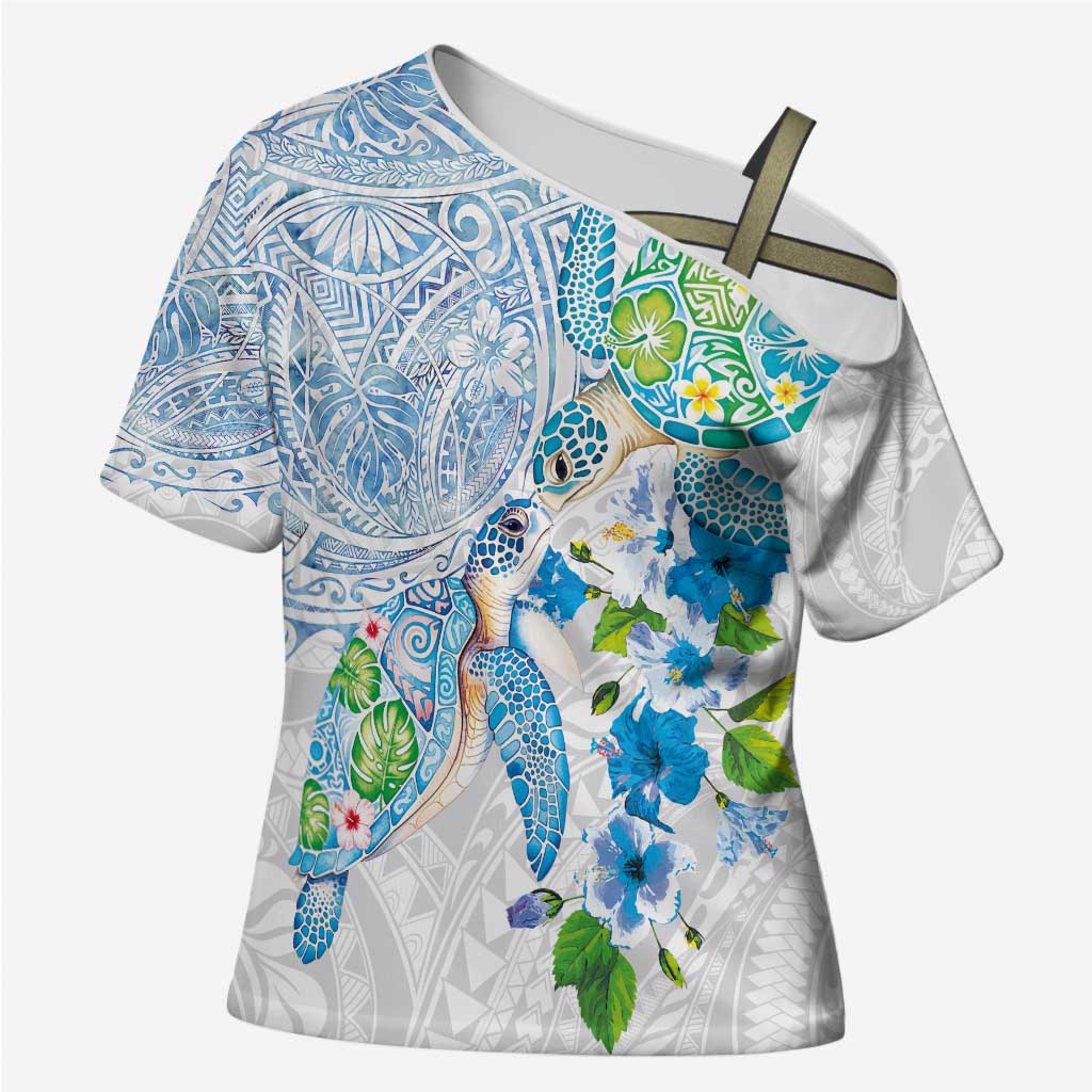 Hawaiian Couple Turtles Honi Cross Shoulder Shirt Polynesian Art Motifs and Hibiscus White Blue Color - Polynesian Pride
