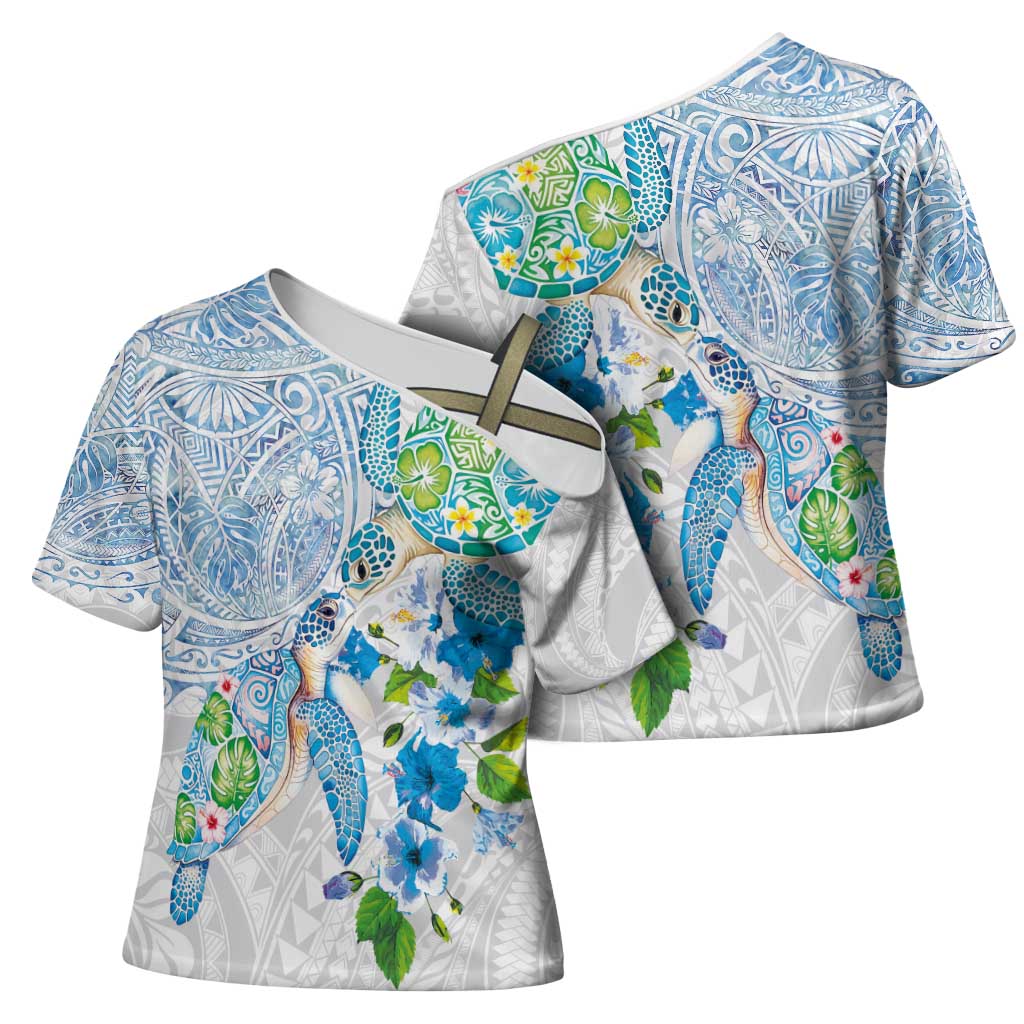 Hawaiian Couple Turtles Honi Cross Shoulder Shirt Polynesian Art Motifs and Hibiscus White Blue Color - Polynesian Pride