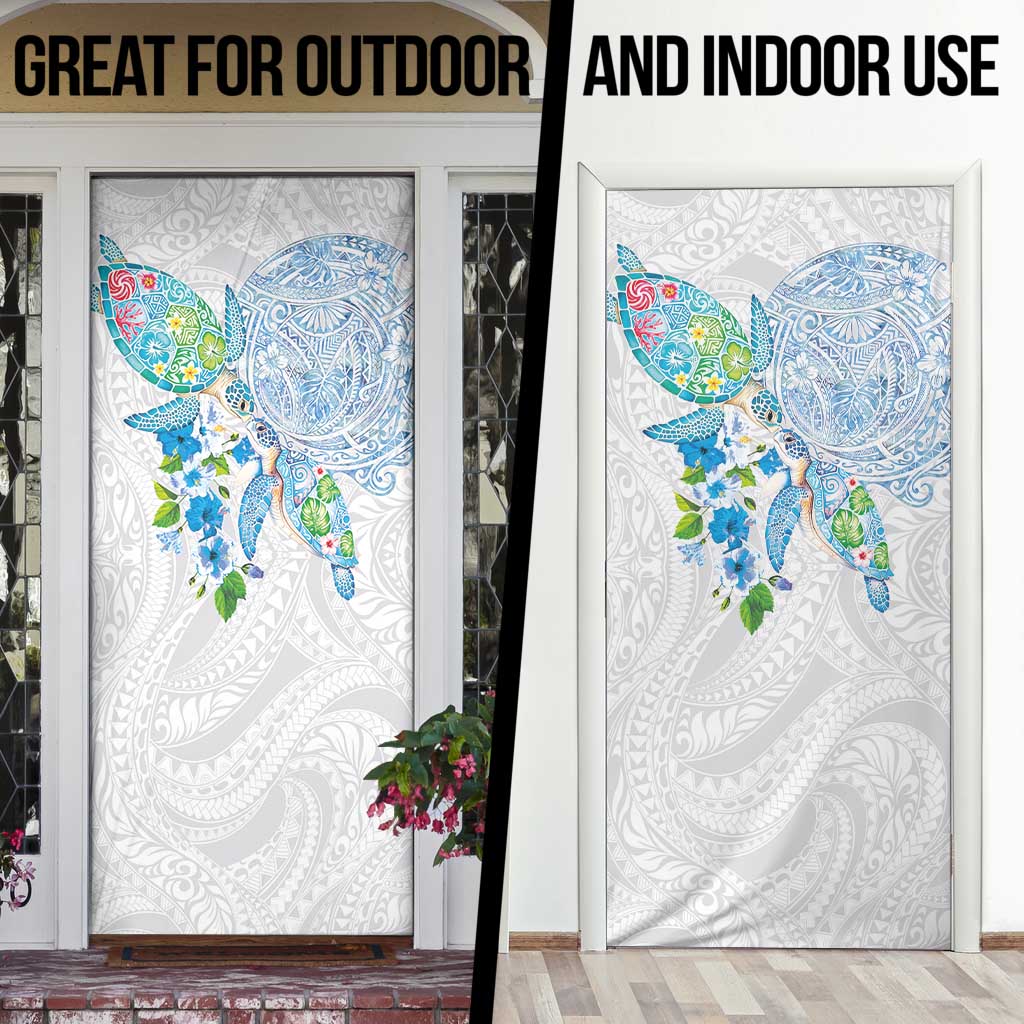Hawaiian Couple Turtles Honi Door Cover Polynesian Art Motifs and Hibiscus White Blue Color - Polynesian Pride