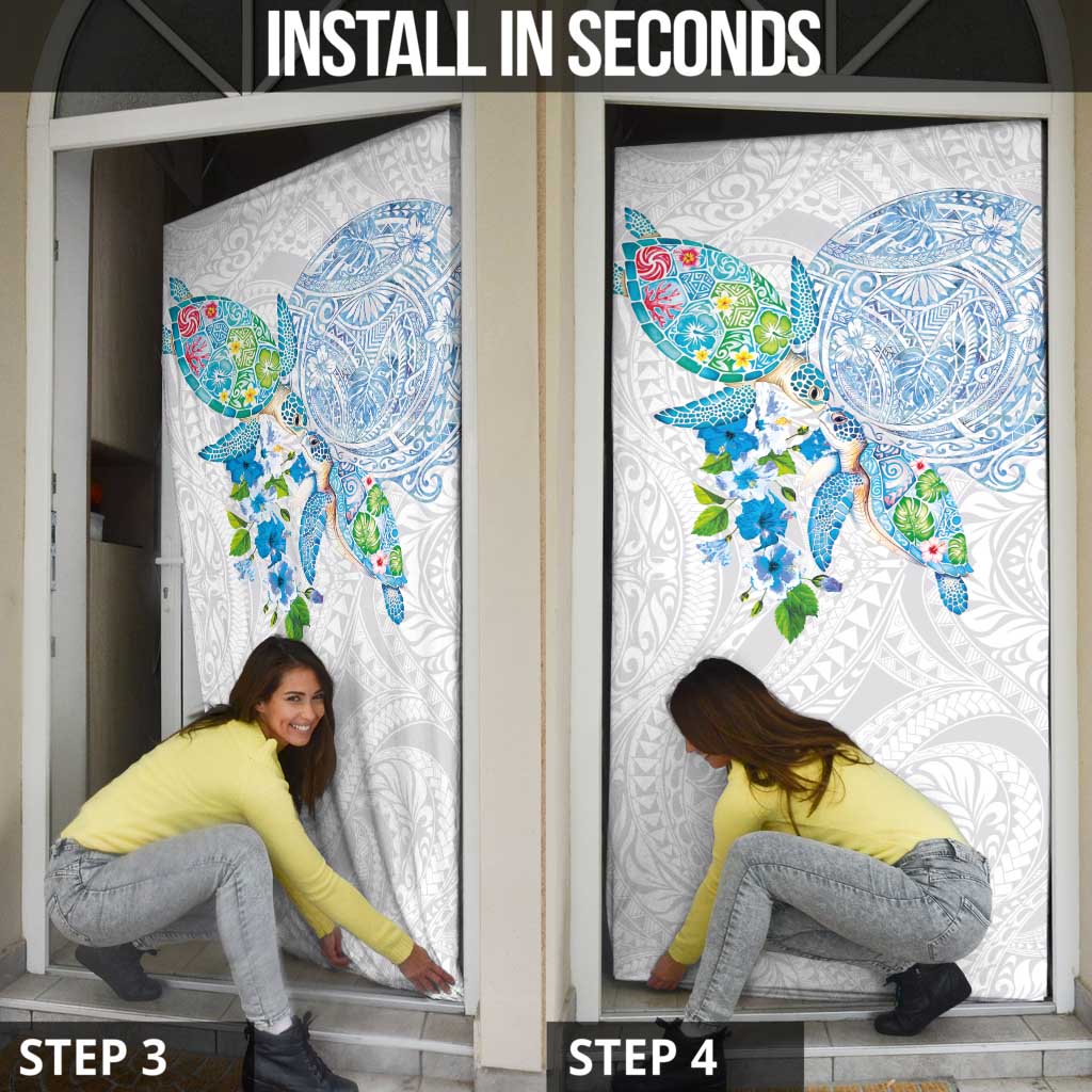 Hawaiian Couple Turtles Honi Door Cover Polynesian Art Motifs and Hibiscus White Blue Color - Polynesian Pride