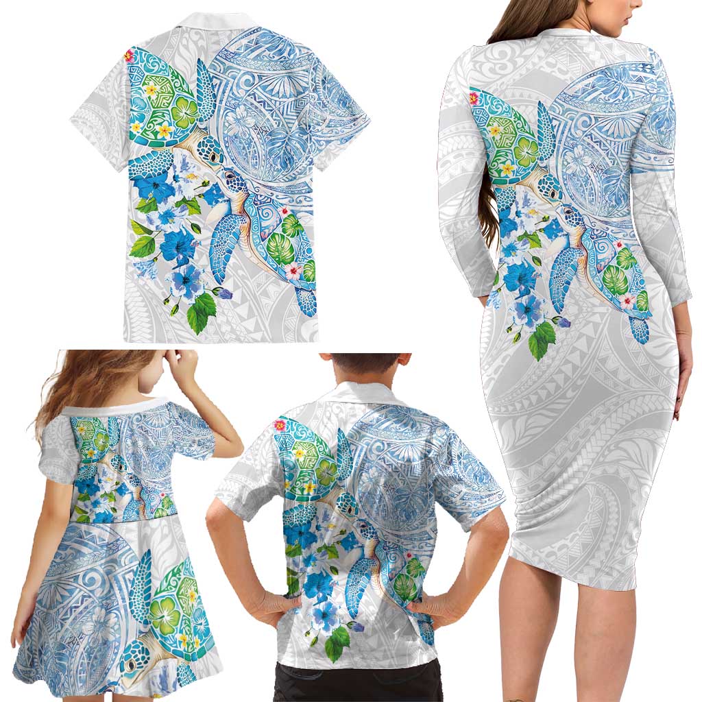 Hawaiian Couple Turtles Honi Family Matching Long Sleeve Bodycon Dress and Hawaiian Shirt Polynesian Art Motifs and Hibiscus White Blue Color - Polynesian Pride
