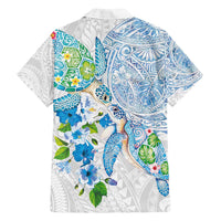 Hawaiian Couple Turtles Honi Family Matching Long Sleeve Bodycon Dress and Hawaiian Shirt Polynesian Art Motifs and Hibiscus White Blue Color - Polynesian Pride
