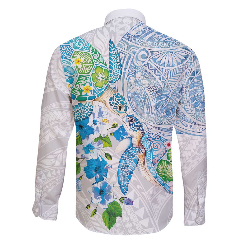 Hawaiian Couple Turtles Honi Family Matching Long Sleeve Bodycon Dress and Hawaiian Shirt Polynesian Art Motifs and Hibiscus White Blue Color - Polynesian Pride