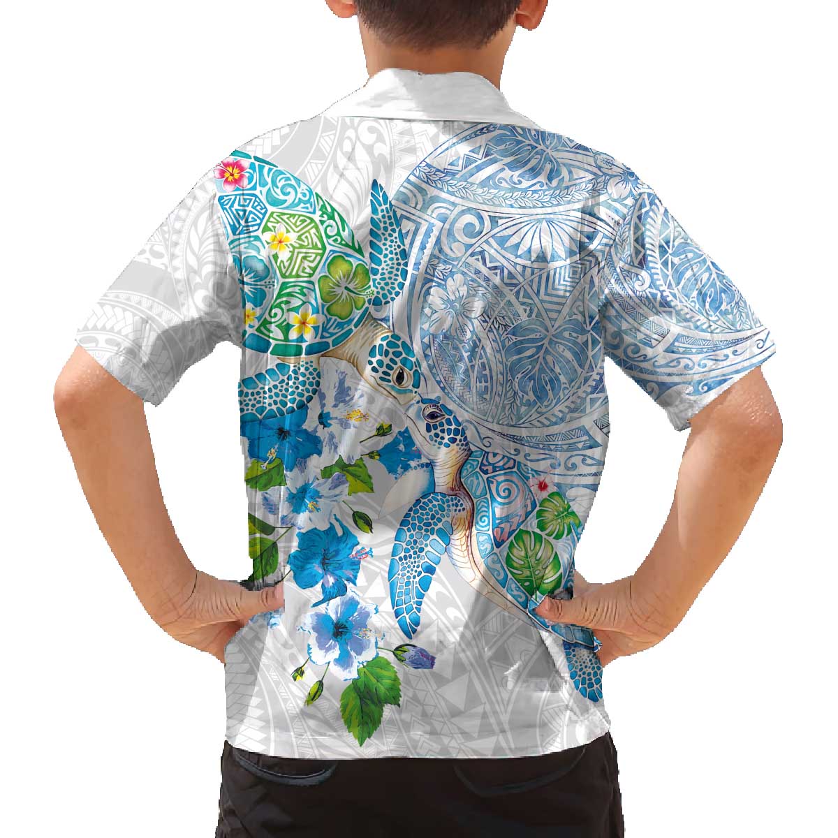 Hawaiian Couple Turtles Honi Family Matching Off The Shoulder Long Sleeve Dress and Hawaiian Shirt Polynesian Art Motifs and Hibiscus White Blue Color - Polynesian Pride