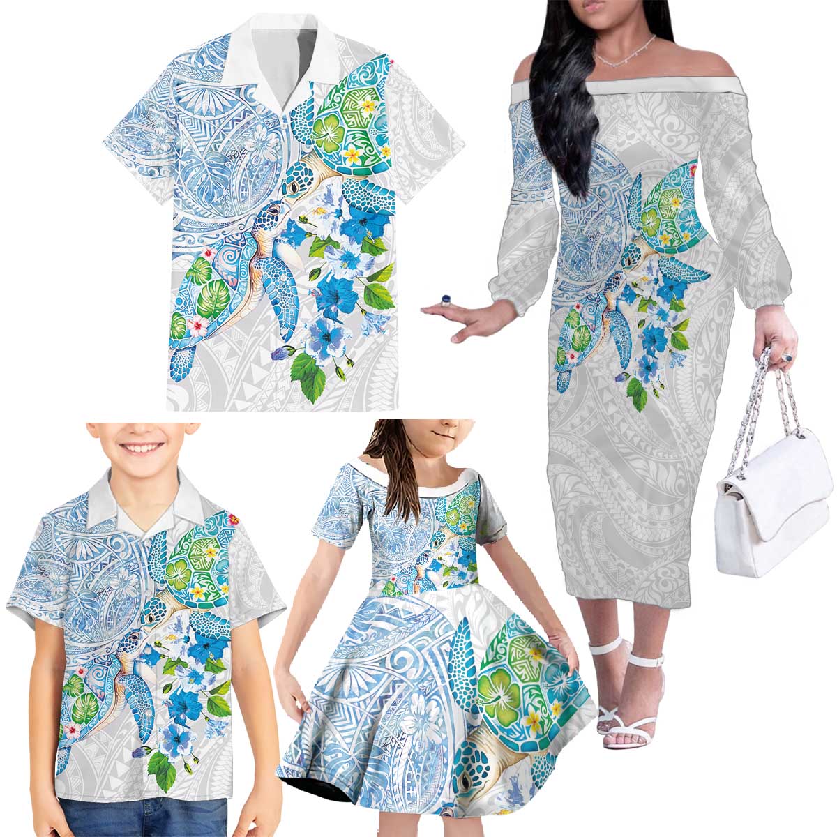 Hawaiian Couple Turtles Honi Family Matching Off The Shoulder Long Sleeve Dress and Hawaiian Shirt Polynesian Art Motifs and Hibiscus White Blue Color - Polynesian Pride