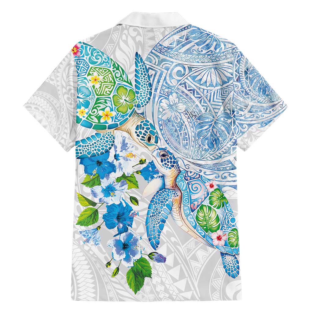 Hawaiian Couple Turtles Honi Family Matching Off Shoulder Maxi Dress and Hawaiian Shirt Polynesian Art Motifs and Hibiscus White Blue Color - Polynesian Pride