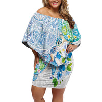 Hawaiian Couple Turtles Honi Family Matching Off Shoulder Short Dress and Hawaiian Shirt Polynesian Art Motifs and Hibiscus White Blue Color - Polynesian Pride