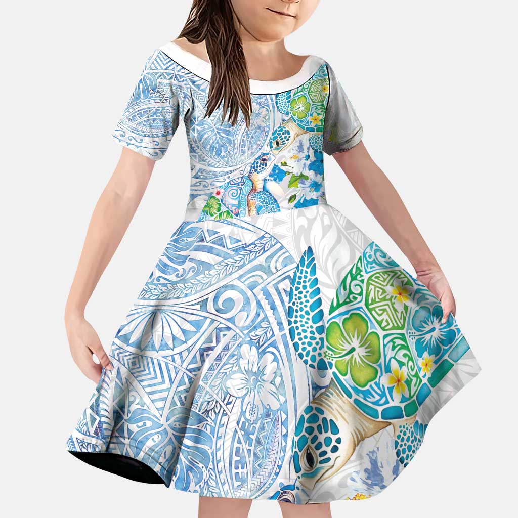 Hawaiian Couple Turtles Honi Family Matching Puletasi and Hawaiian Shirt Polynesian Art Motifs and Hibiscus White Blue Color LT03 Daughter's Dress White - Polynesian Pride