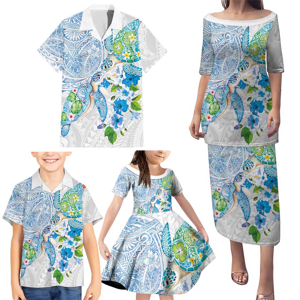 Hawaiian Couple Turtles Honi Family Matching Puletasi and Hawaiian Shirt Polynesian Art Motifs and Hibiscus White Blue Color LT03 - Polynesian Pride