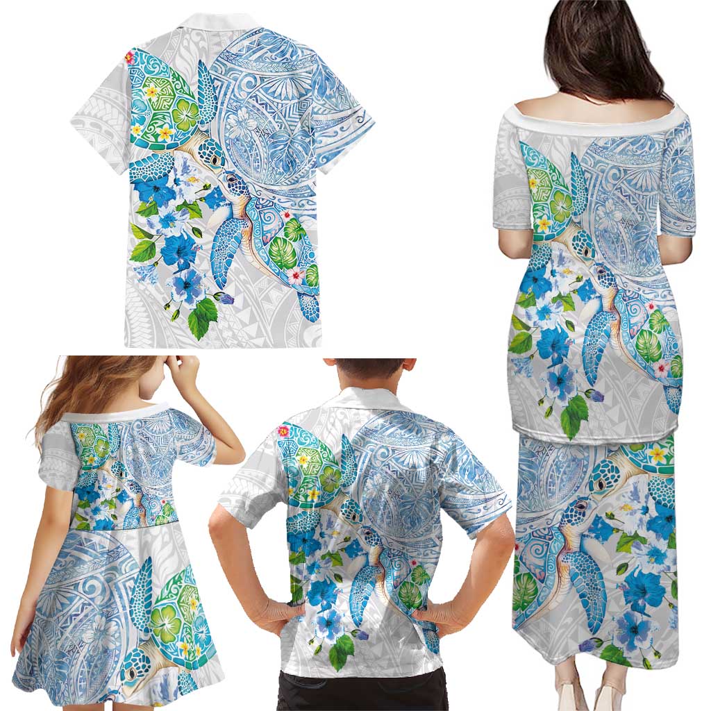 Hawaiian Couple Turtles Honi Family Matching Puletasi and Hawaiian Shirt Polynesian Art Motifs and Hibiscus White Blue Color LT03 - Polynesian Pride