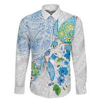 Hawaiian Couple Turtles Honi Family Matching Puletasi and Hawaiian Shirt Polynesian Art Motifs and Hibiscus White Blue Color LT03 Dad's Shirt - Long Sleeve White - Polynesian Pride