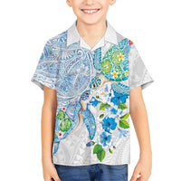 Hawaiian Couple Turtles Honi Family Matching Puletasi and Hawaiian Shirt Polynesian Art Motifs and Hibiscus White Blue Color LT03 Son's Shirt White - Polynesian Pride