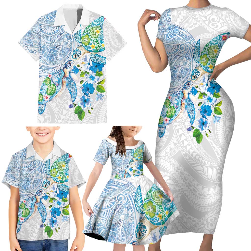 Hawaiian Couple Turtles Honi Family Matching Short Sleeve Bodycon Dress and Hawaiian Shirt Polynesian Art Motifs and Hibiscus White Blue Color - Polynesian Pride