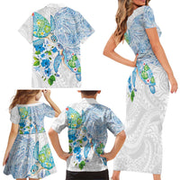 Hawaiian Couple Turtles Honi Family Matching Short Sleeve Bodycon Dress and Hawaiian Shirt Polynesian Art Motifs and Hibiscus White Blue Color - Polynesian Pride