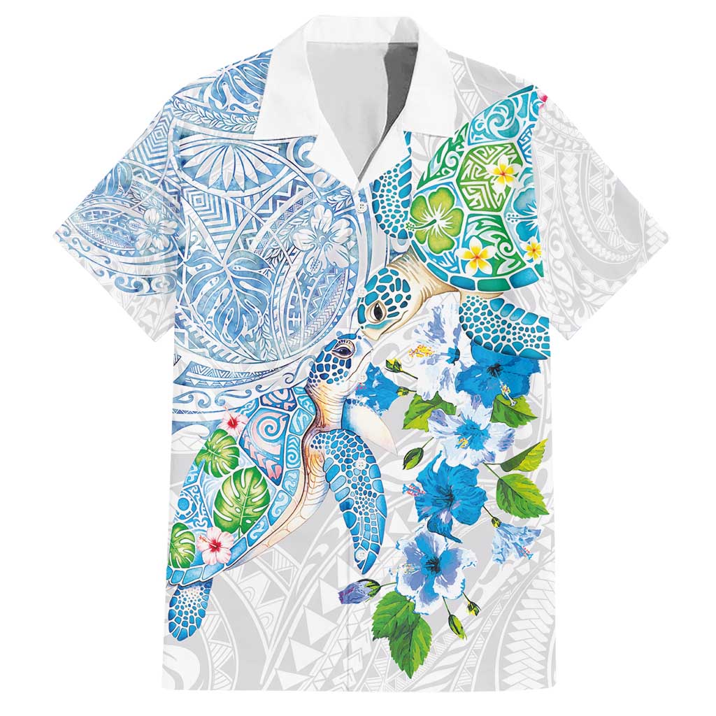 Hawaiian Couple Turtles Honi Family Matching Short Sleeve Bodycon Dress and Hawaiian Shirt Polynesian Art Motifs and Hibiscus White Blue Color - Polynesian Pride