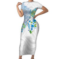 Hawaiian Couple Turtles Honi Family Matching Short Sleeve Bodycon Dress and Hawaiian Shirt Polynesian Art Motifs and Hibiscus White Blue Color - Polynesian Pride