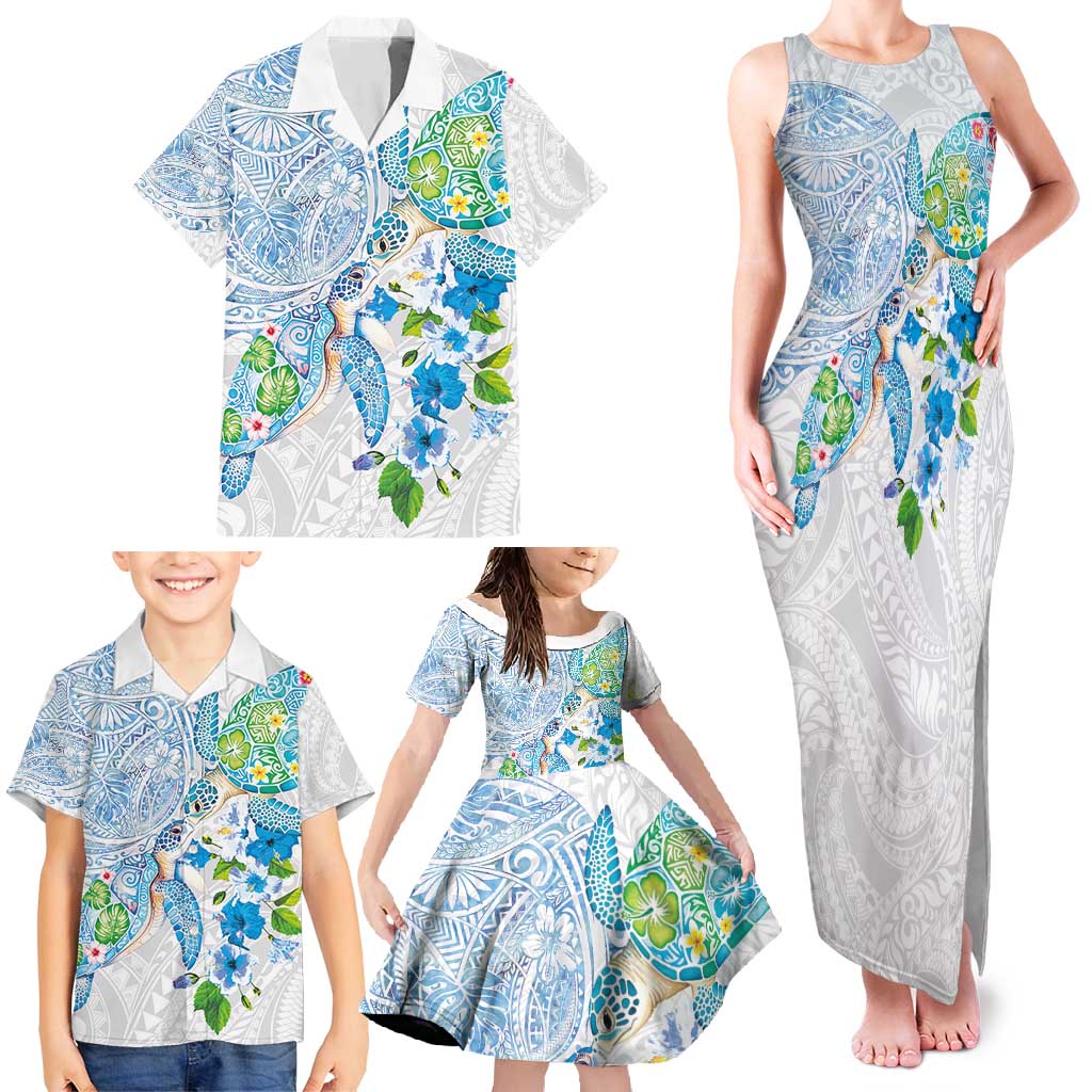Hawaiian Couple Turtles Honi Family Matching Tank Maxi Dress and Hawaiian Shirt Polynesian Art Motifs and Hibiscus White Blue Color - Polynesian Pride