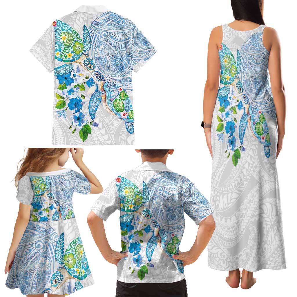 Hawaiian Couple Turtles Honi Family Matching Tank Maxi Dress and Hawaiian Shirt Polynesian Art Motifs and Hibiscus White Blue Color - Polynesian Pride