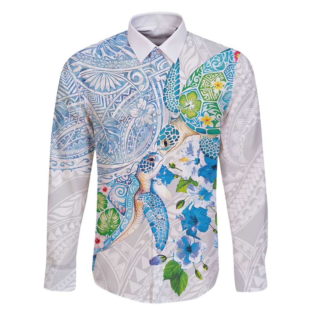 Hawaiian Couple Turtles Honi Family Matching Tank Maxi Dress and Hawaiian Shirt Polynesian Art Motifs and Hibiscus White Blue Color - Polynesian Pride