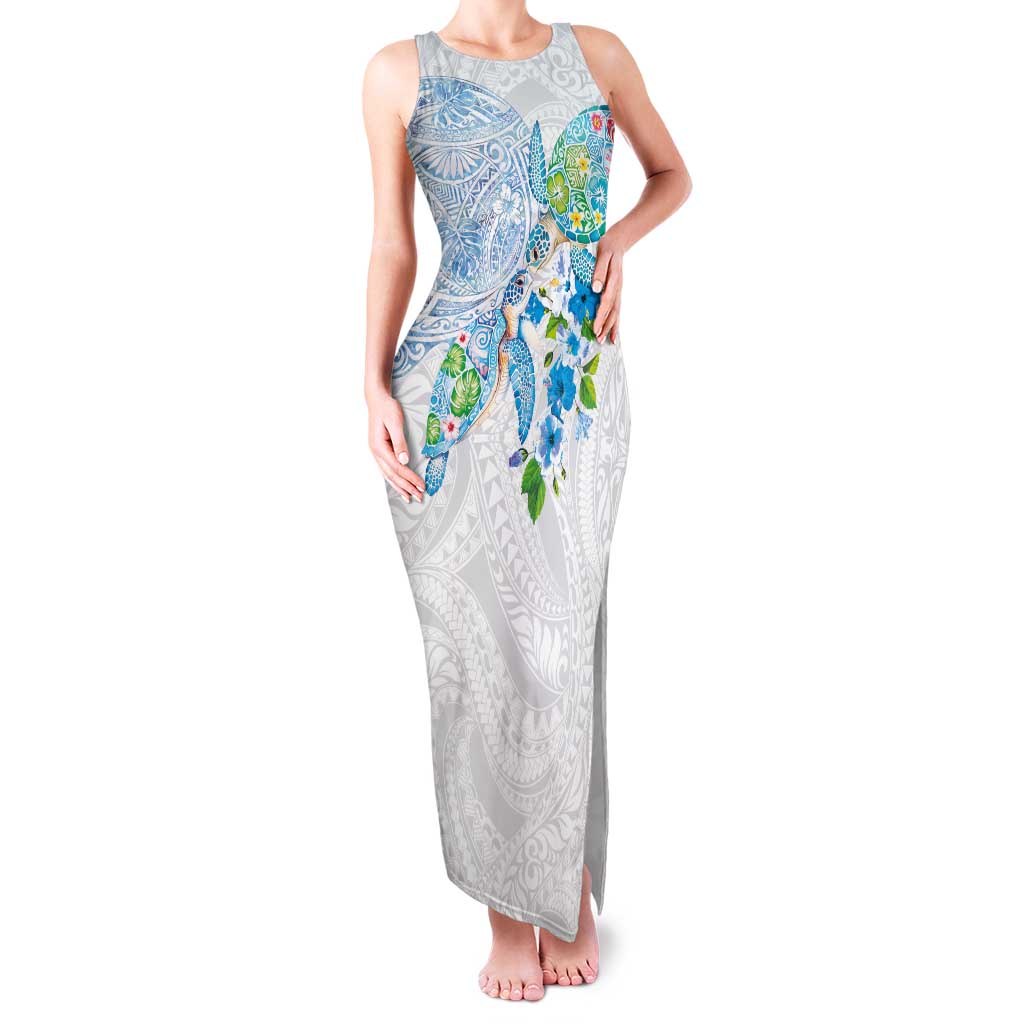 Hawaiian Couple Turtles Honi Family Matching Tank Maxi Dress and Hawaiian Shirt Polynesian Art Motifs and Hibiscus White Blue Color - Polynesian Pride