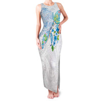 Hawaiian Couple Turtles Honi Family Matching Tank Maxi Dress and Hawaiian Shirt Polynesian Art Motifs and Hibiscus White Blue Color - Polynesian Pride