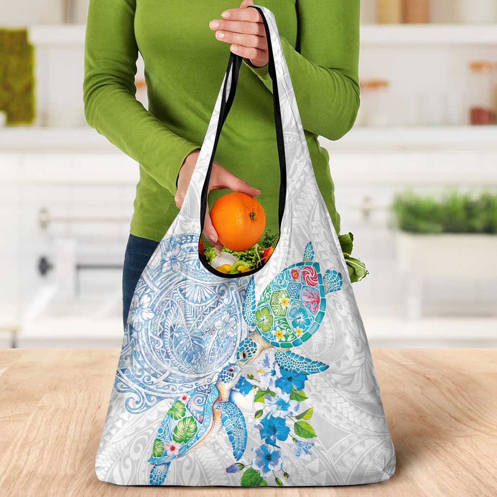 Hawaiian Couple Turtles Honi Grocery Bag Polynesian Art Motifs and Hibiscus White Blue Color - Polynesian Pride