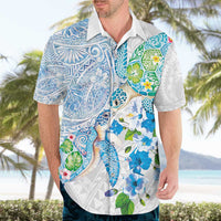 Hawaiian Couple Turtles Honi Hawaiian Shirt Polynesian Art Motifs and Hibiscus White Blue Color - Polynesian Pride
