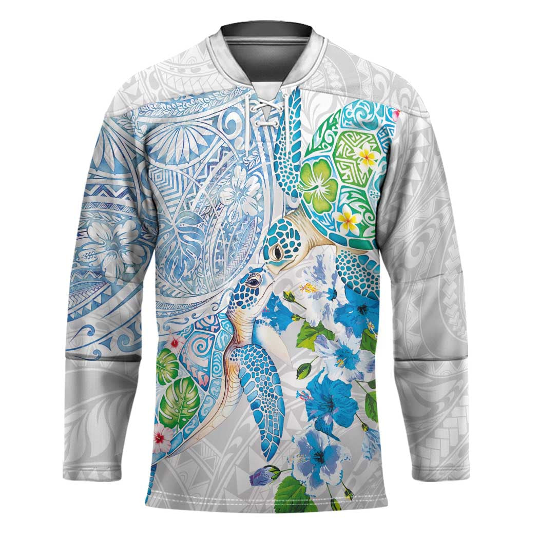 Hawaiian Couple Turtles Honi Hockey Jersey Polynesian Art Motifs and Hibiscus White Blue Color - Polynesian Pride