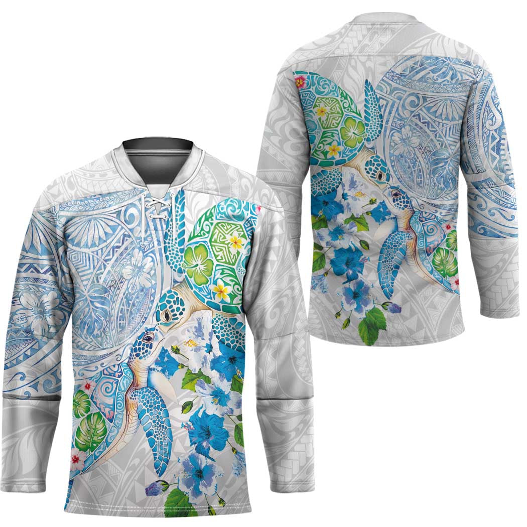 Hawaiian Couple Turtles Honi Hockey Jersey Polynesian Art Motifs and Hibiscus White Blue Color - Polynesian Pride