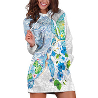 Hawaiian Couple Turtles Honi Hoodie Dress Polynesian Art Motifs and Hibiscus White Blue Color - Polynesian Pride