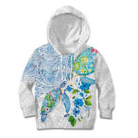 Hawaiian Couple Turtles Honi Kid Hoodie Polynesian Art Motifs and Hibiscus White Blue Color - Polynesian Pride