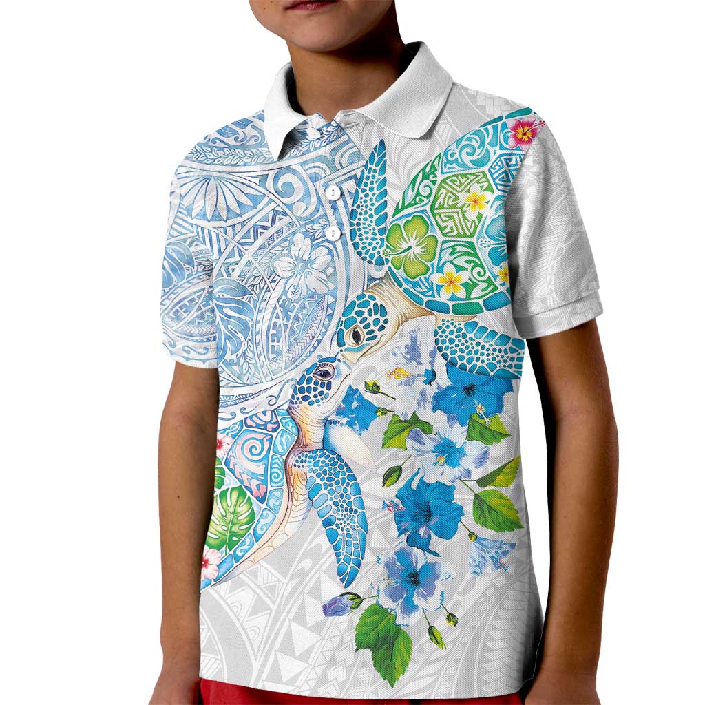 Hawaiian Couple Turtles Honi Kid Polo Shirt Polynesian Art Motifs and Hibiscus White Blue Color - Polynesian Pride