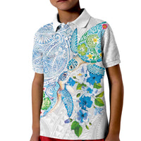 Hawaiian Couple Turtles Honi Kid Polo Shirt Polynesian Art Motifs and Hibiscus White Blue Color - Polynesian Pride