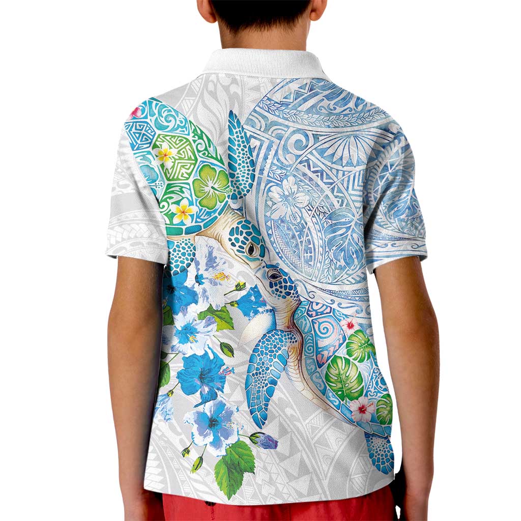 Hawaiian Couple Turtles Honi Kid Polo Shirt Polynesian Art Motifs and Hibiscus White Blue Color - Polynesian Pride