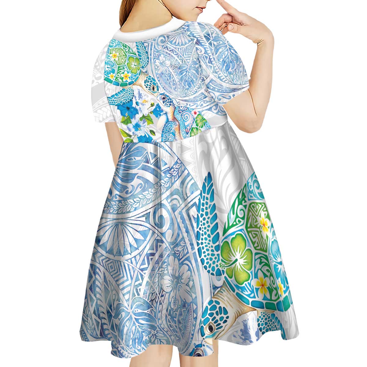 Hawaiian Couple Turtles Honi Kid Short Sleeve Dress Polynesian Art Motifs and Hibiscus White Blue Color - Polynesian Pride