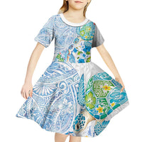 Hawaiian Couple Turtles Honi Kid Short Sleeve Dress Polynesian Art Motifs and Hibiscus White Blue Color - Polynesian Pride