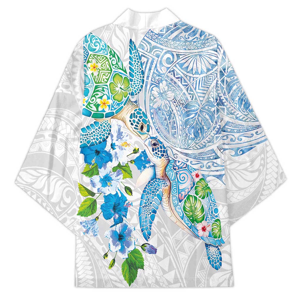 Hawaiian Couple Turtles Honi Kimono Polynesian Art Motifs and Hibiscus White Blue Color - Polynesian Pride
