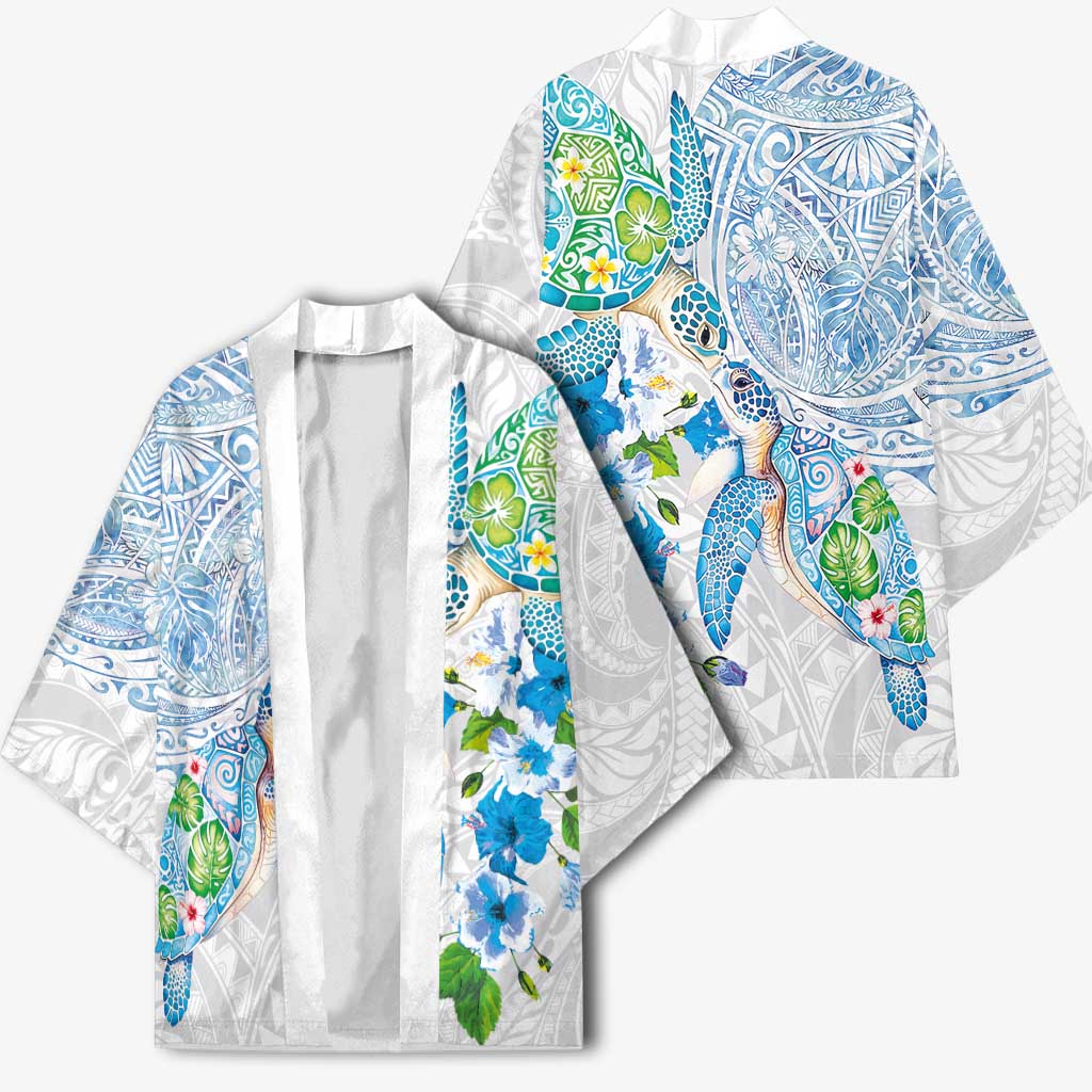 Hawaiian Couple Turtles Honi Kimono Polynesian Art Motifs and Hibiscus White Blue Color - Polynesian Pride