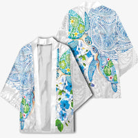 Hawaiian Couple Turtles Honi Kimono Polynesian Art Motifs and Hibiscus White Blue Color - Polynesian Pride