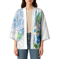 Hawaiian Couple Turtles Honi Kimono Polynesian Art Motifs and Hibiscus White Blue Color - Polynesian Pride