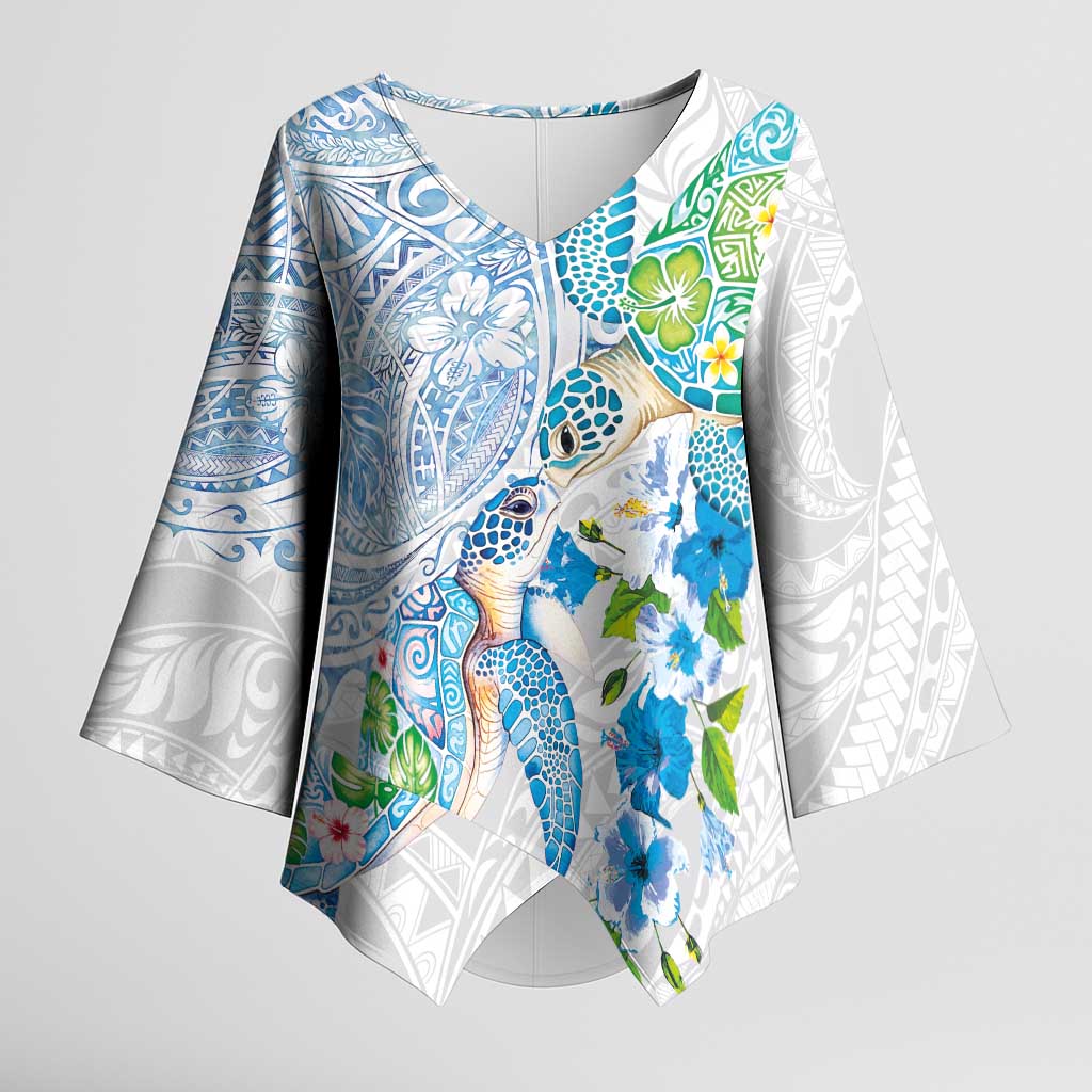 Hawaiian Couple Turtles Honi Kimono Sleeve Blouse Polynesian Art Motifs and Hibiscus White Blue Color - Polynesian Pride