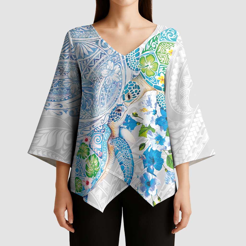 Hawaiian Couple Turtles Honi Kimono Sleeve Blouse Polynesian Art Motifs and Hibiscus White Blue Color - Polynesian Pride