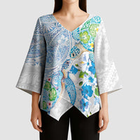 Hawaiian Couple Turtles Honi Kimono Sleeve Blouse Polynesian Art Motifs and Hibiscus White Blue Color - Polynesian Pride