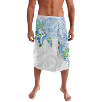 Hawaiian Couple Turtles Honi Lavalava Polynesian Art Motifs and Hibiscus White Blue Color - Polynesian Pride