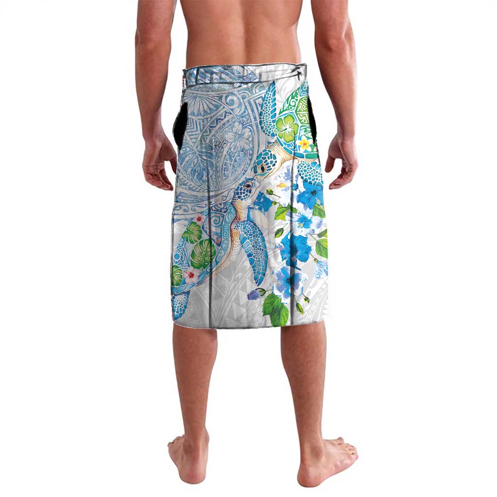 Hawaiian Couple Turtles Honi Lavalava Polynesian Art Motifs and Hibiscus White Blue Color - Polynesian Pride