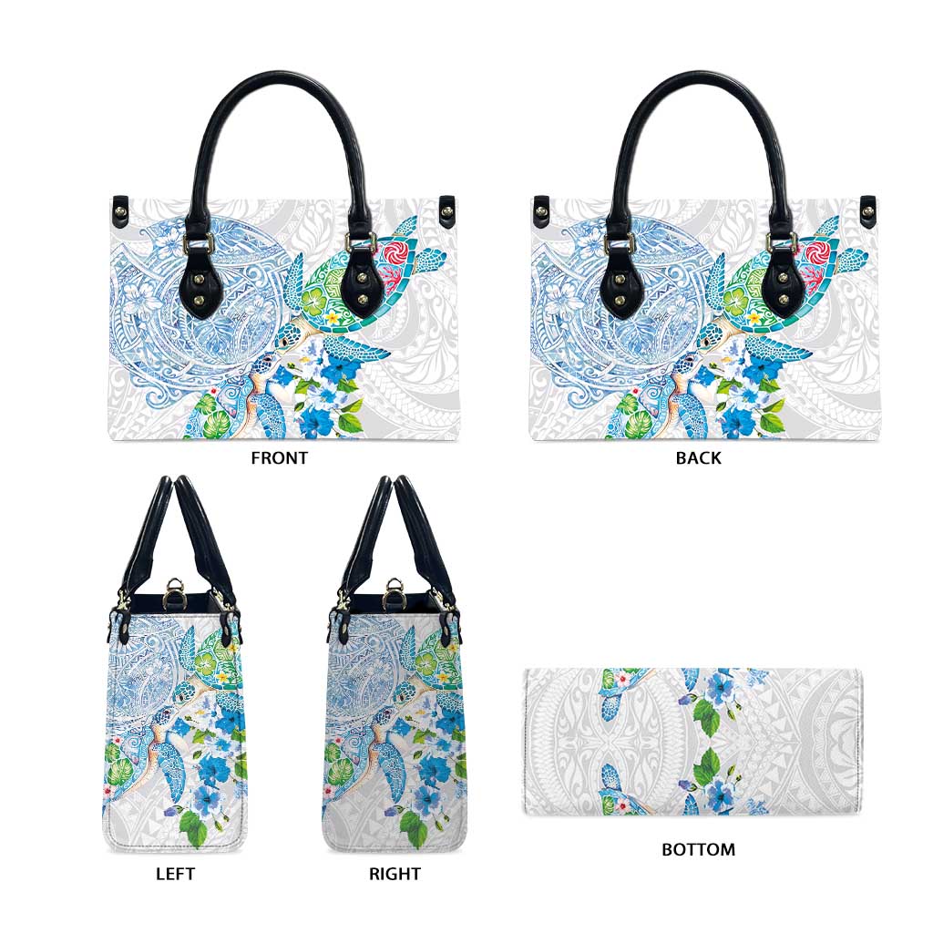 Hawaiian Couple Turtles Honi Leather Bag Polynesian Art Motifs and Hibiscus White Blue Color - Polynesian Pride