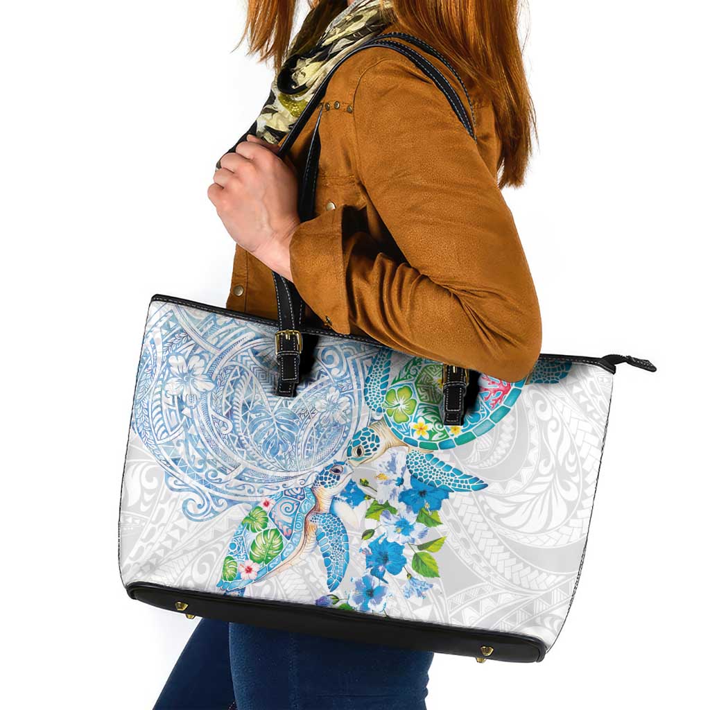 Hawaiian Couple Turtles Honi Leather Tote Bag Polynesian Art Motifs and Hibiscus White Blue Color - Polynesian Pride